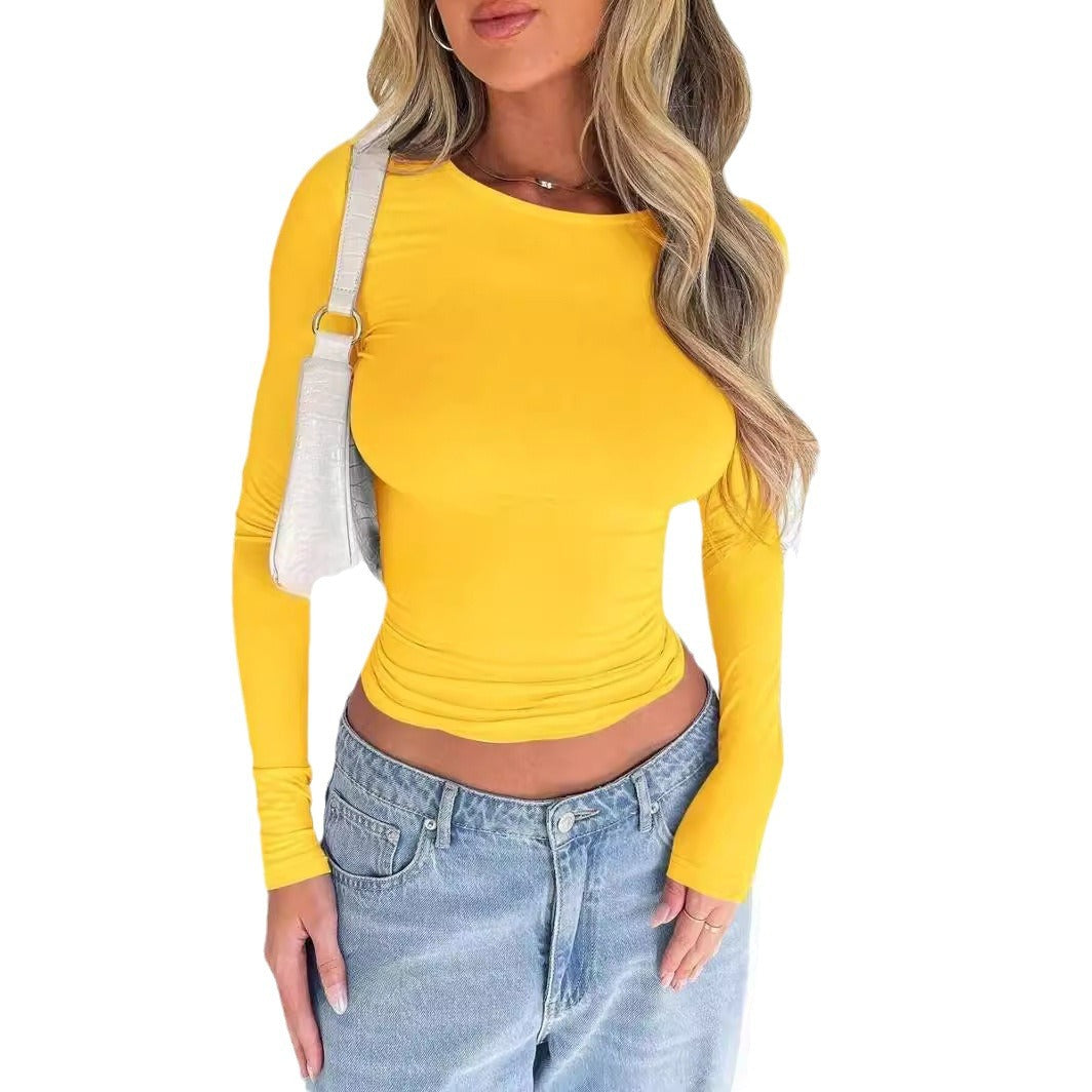 Women's Slim Fit Long Sleeve Solid Color Crewneck T-Shirt