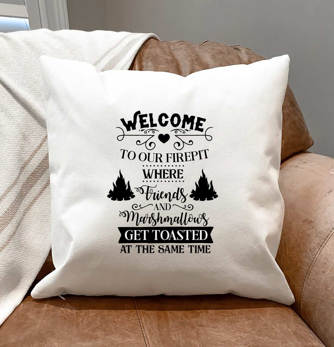 Welcome to Our Fire-Pit Pillow Cover