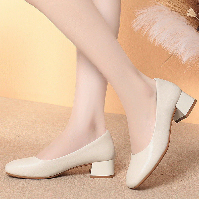 Black Leather Thick Heeled Shoes