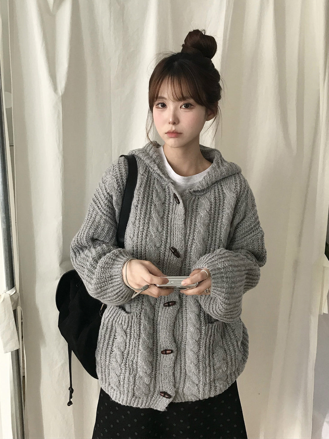 Women's Gray Hooded Button Knit Sweater Jacket