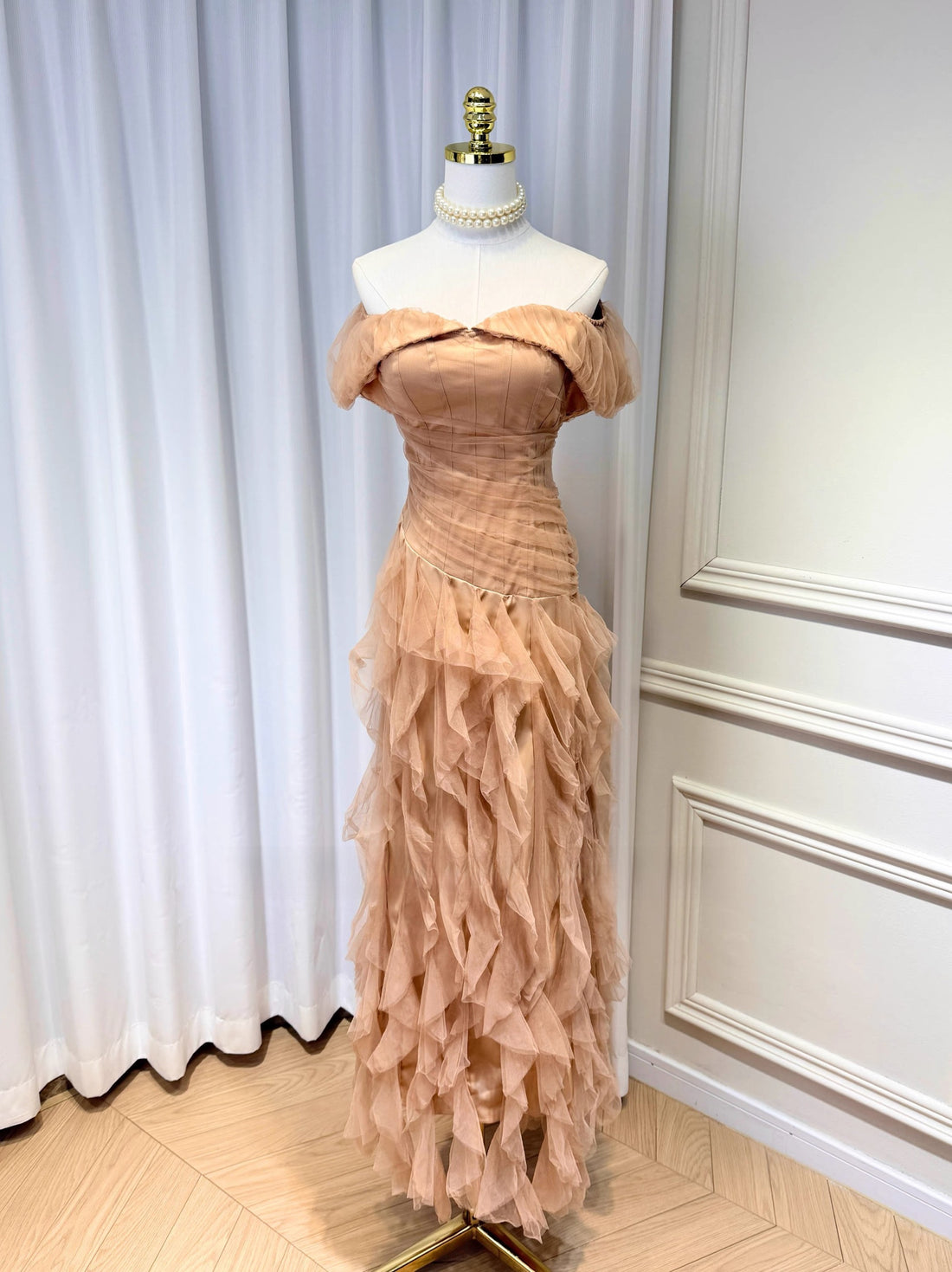 Light brown one-shoulder pleated ruffle maxi dress, photo 1