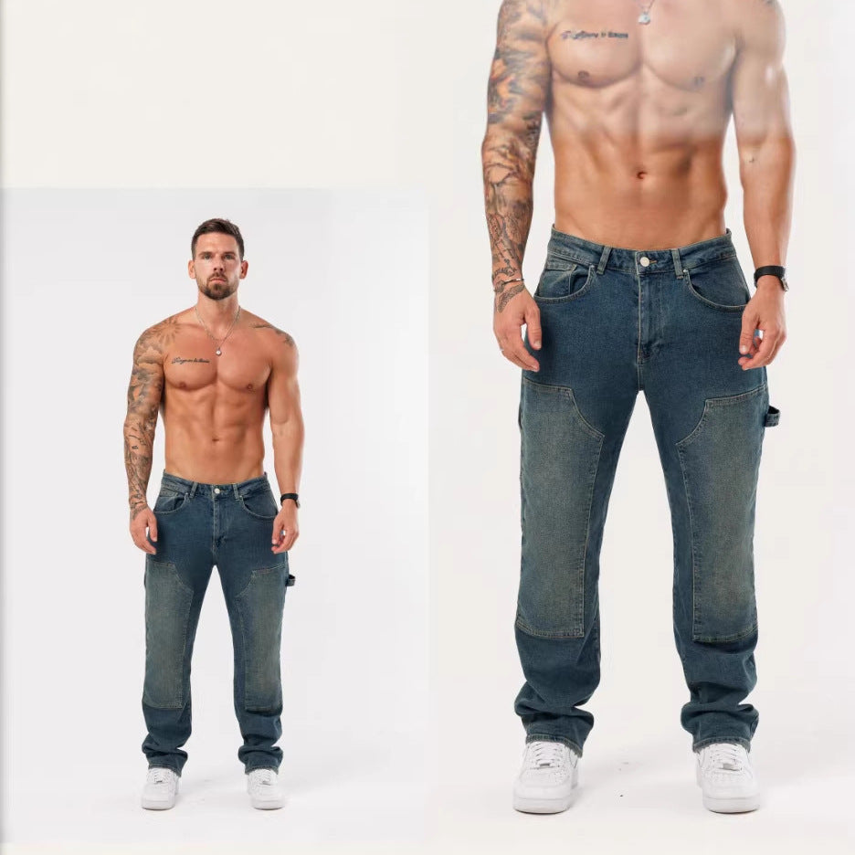 Mens Patchwork Loose Fit Jeans Straight Trousers