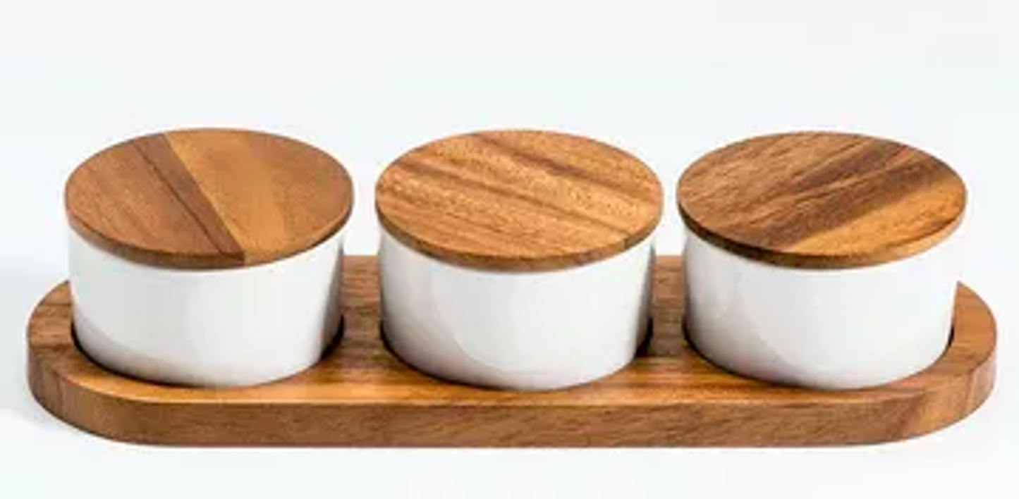 Kalmar Home Ceramic Condiment Set on Acacia Wood Base