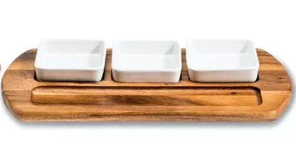 Kalmar Home Acacia Charcuterie Serving Tray with Ceramic Bowls