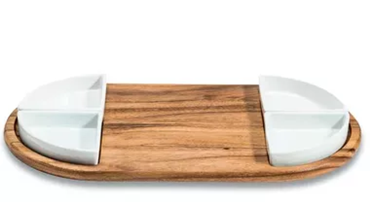 Kalmar Home Acacia Charcuterie Serving Tray with Ceramic Bowls