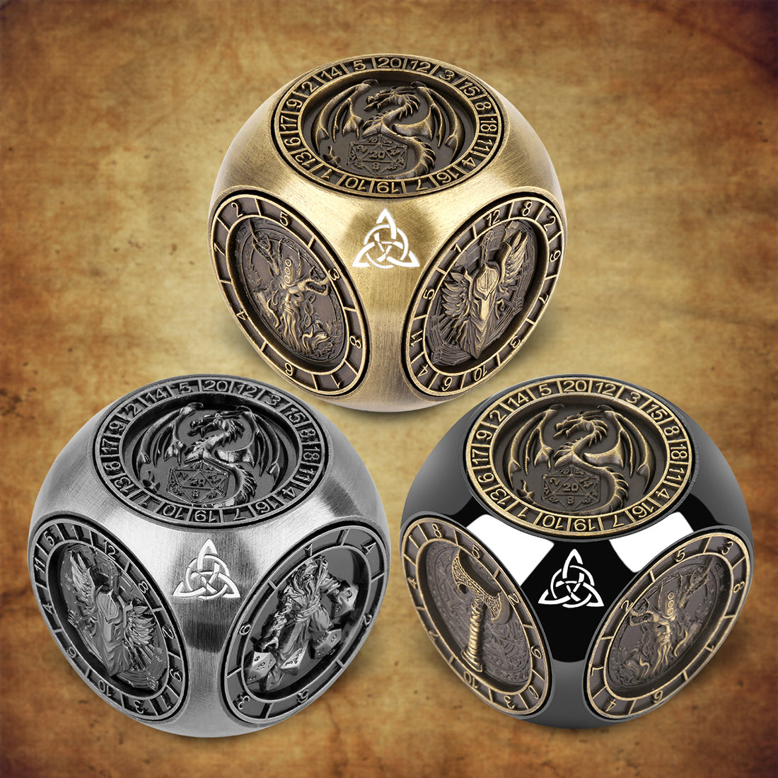 Bronze, dark silver and black spinning dice wheel cubes side by side