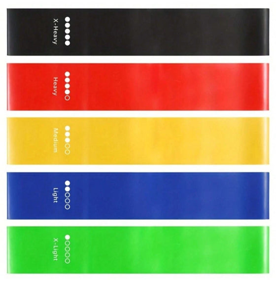 Five resistance loop bands laid flat from black to green