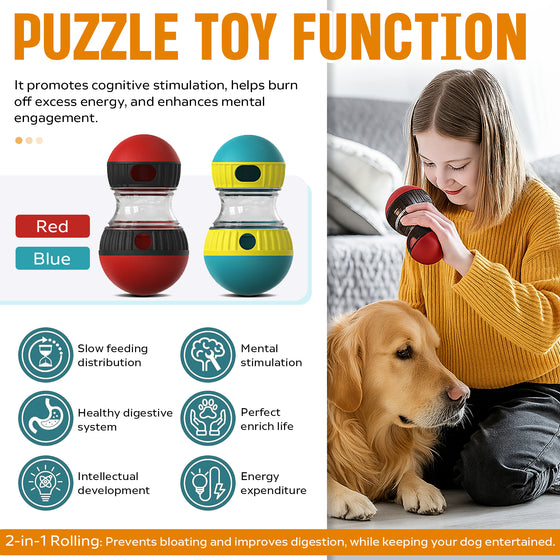Puzzle toy function panel with a girl and dog and red and teal ball options