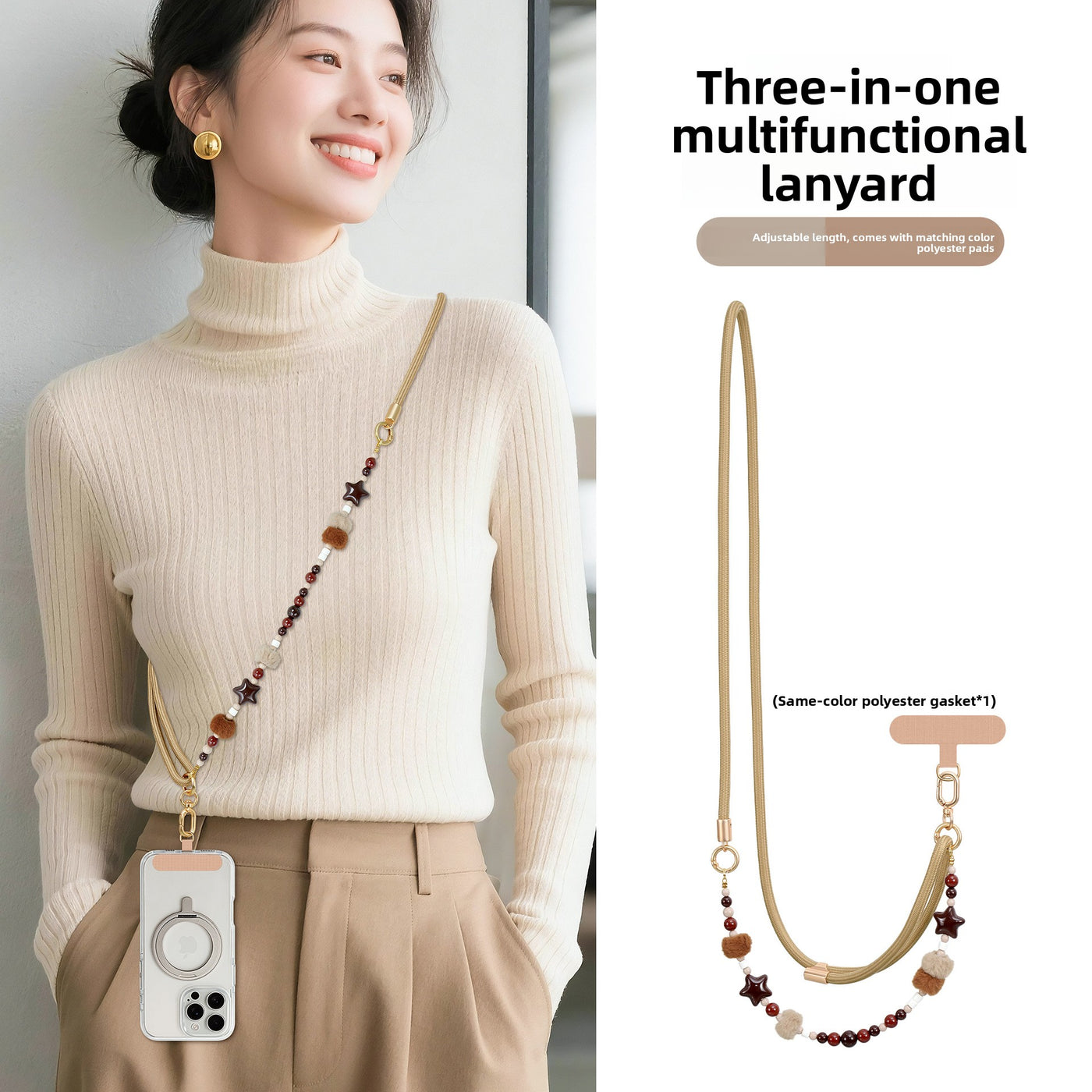 Furry Beaded Phone Strap Long Crossbody Neck Anti-Loss Chain