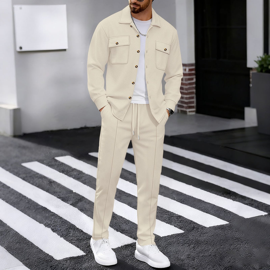 Men's Casual Waffle Solid Color Track Suit Long Sleeve Lapel Jacket and Pants Two-Piece Set