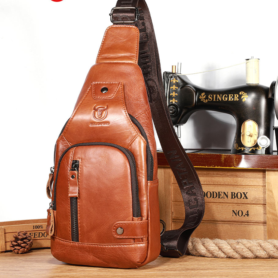 Mens Genuine Leather Crossbody Bag Outdoor Casual Chest Bag