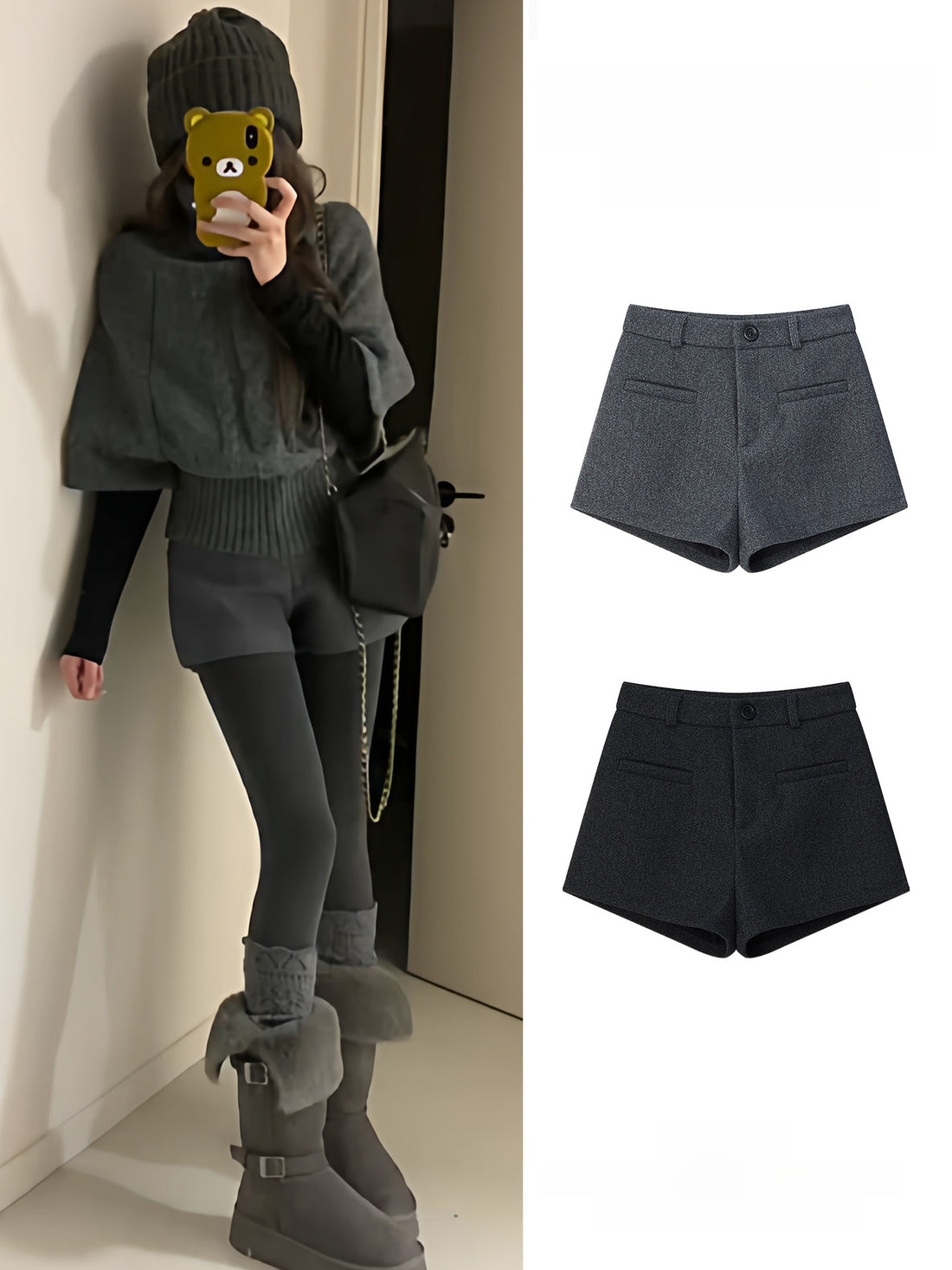 Women's thick woolen high-waist A-line boot-cut shorts, photo 1