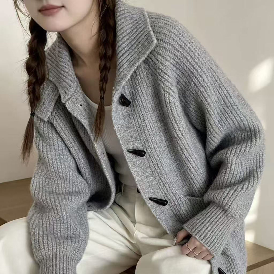 Women Knitted High Collar Cardigan Horn Button Thick Sweater