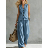 Women Solid Color Sleeveless Linen Vest and Pants Set
