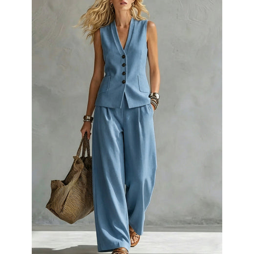 Women Solid Color Sleeveless Linen Vest and Pants Set