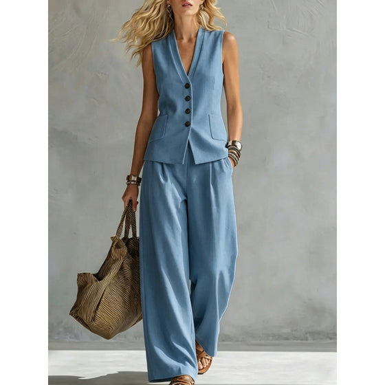 Women Solid Color Sleeveless Linen Vest and Pants Set Clothing & Accessories product image 3
