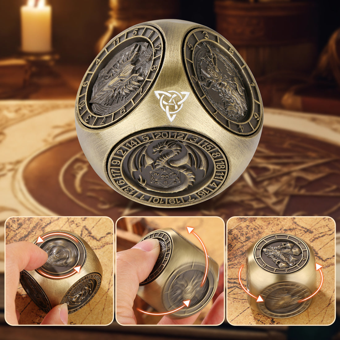 Bronze dice wheel cube on a table with hands turning the rotating face discs