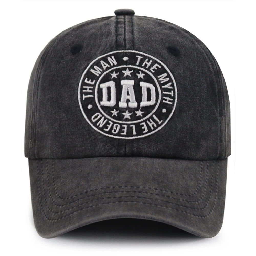 Black vintage washed cap with DAD The Man The Myth The Legend embroidery, front