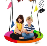Rainbow disc swing hanging from a tree branch in a backyard