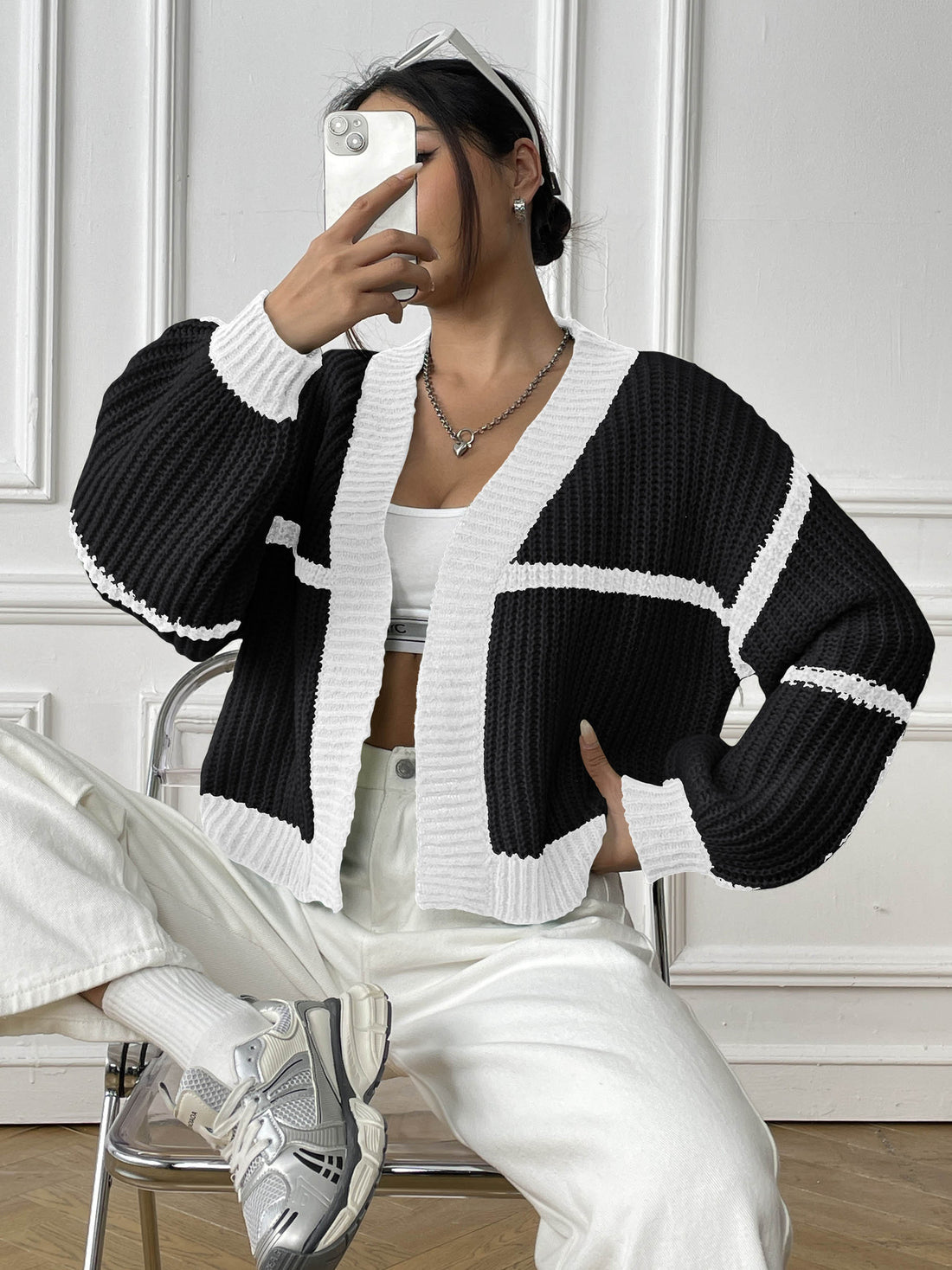 Women's color-block knit cardigan with lantern sleeves, photo 3