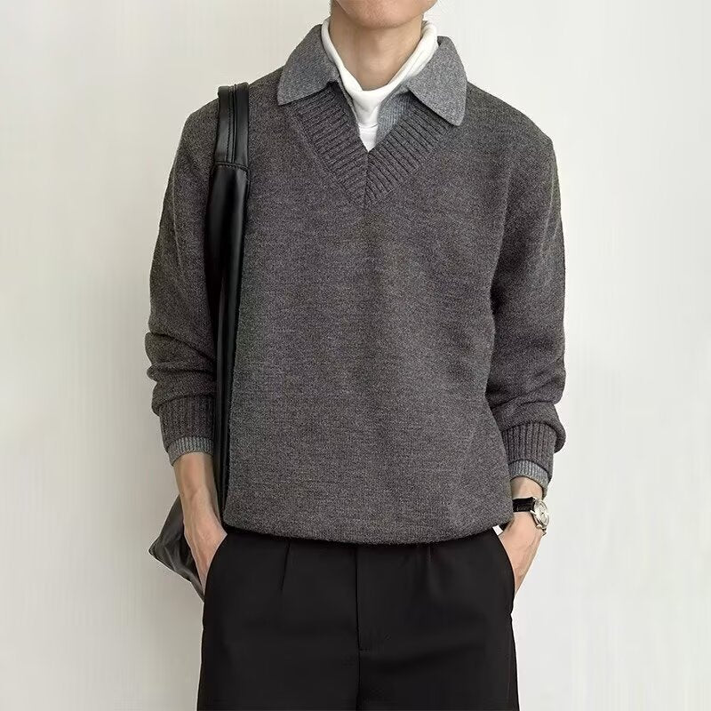 Men's V-Neck Fake Two-Piece Knitted Sweater Slim Fit Long Sleeve Pullover