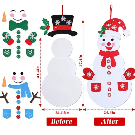 Felt snowman size diagram showing before and after dressing