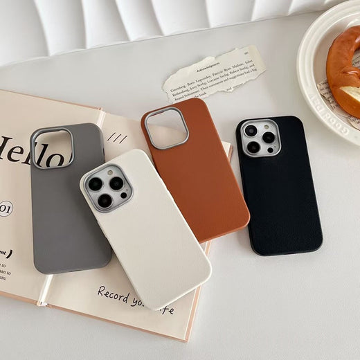 iPhone Leather Phone Case - Simple Solid Color Plain Leather Shell - Image 1