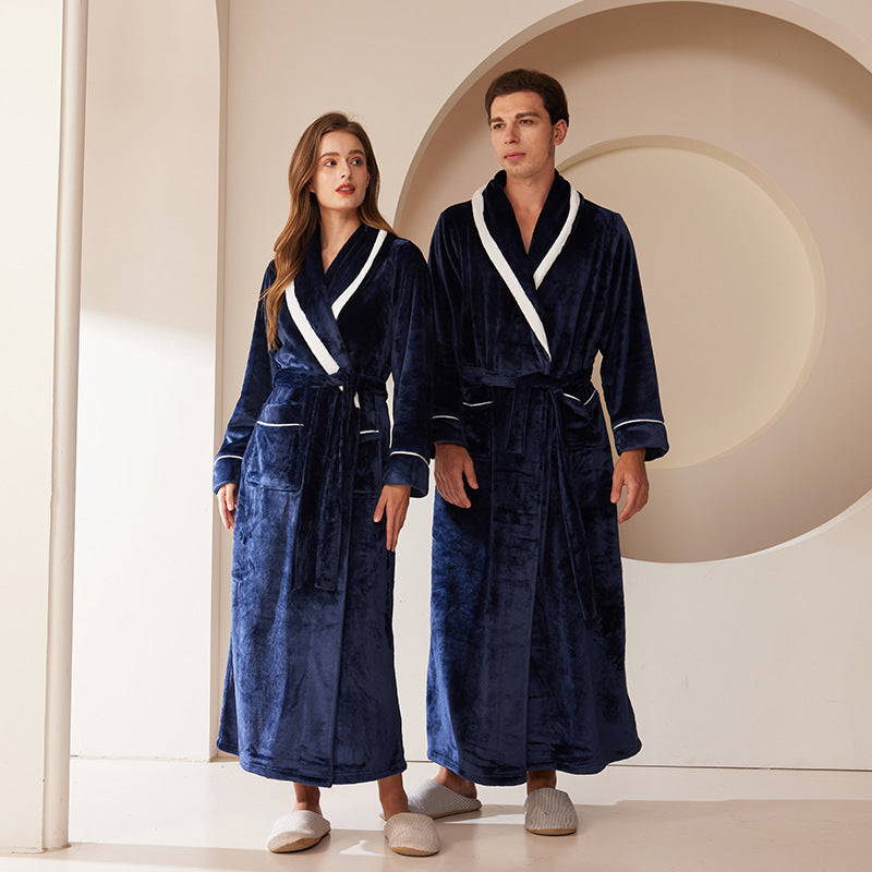 Thickened Long Coral Velvet Flannel Bathrobe for Couples
