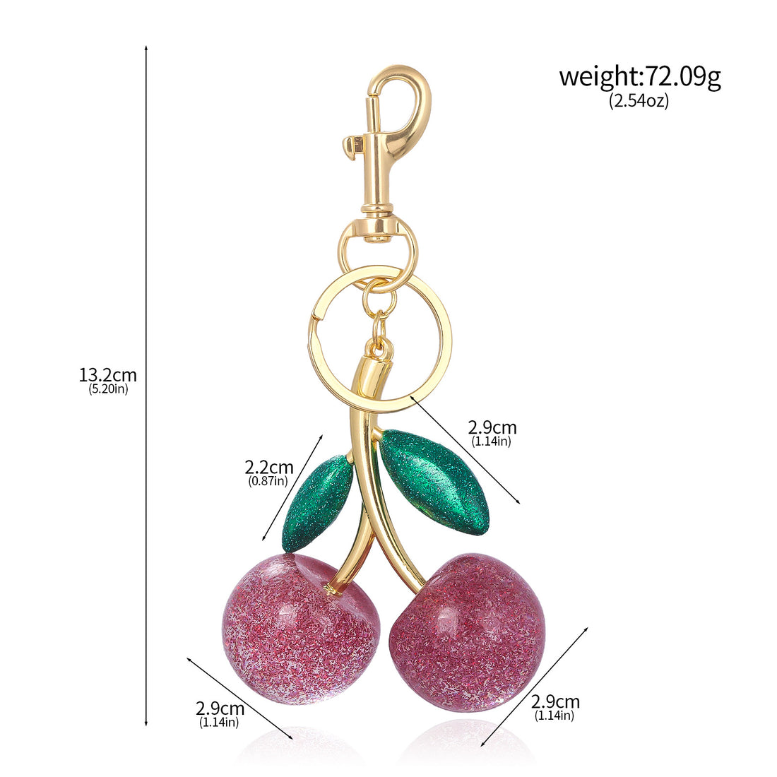 Pink glitter cherry keychain with green leaves
