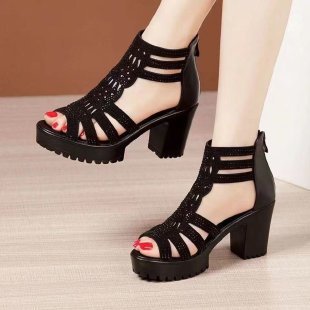 Women Chunky Heel Hollow Out Roman Sandals