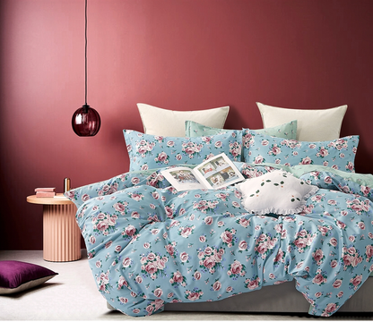 Anna Blue/Pink Rose Print 100% Cotton Reversible Comforter Set