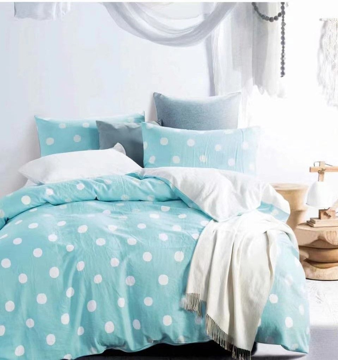 Clara Blue/White Polka Dot 100% Cotton Double Layer Yarn Comforter Set