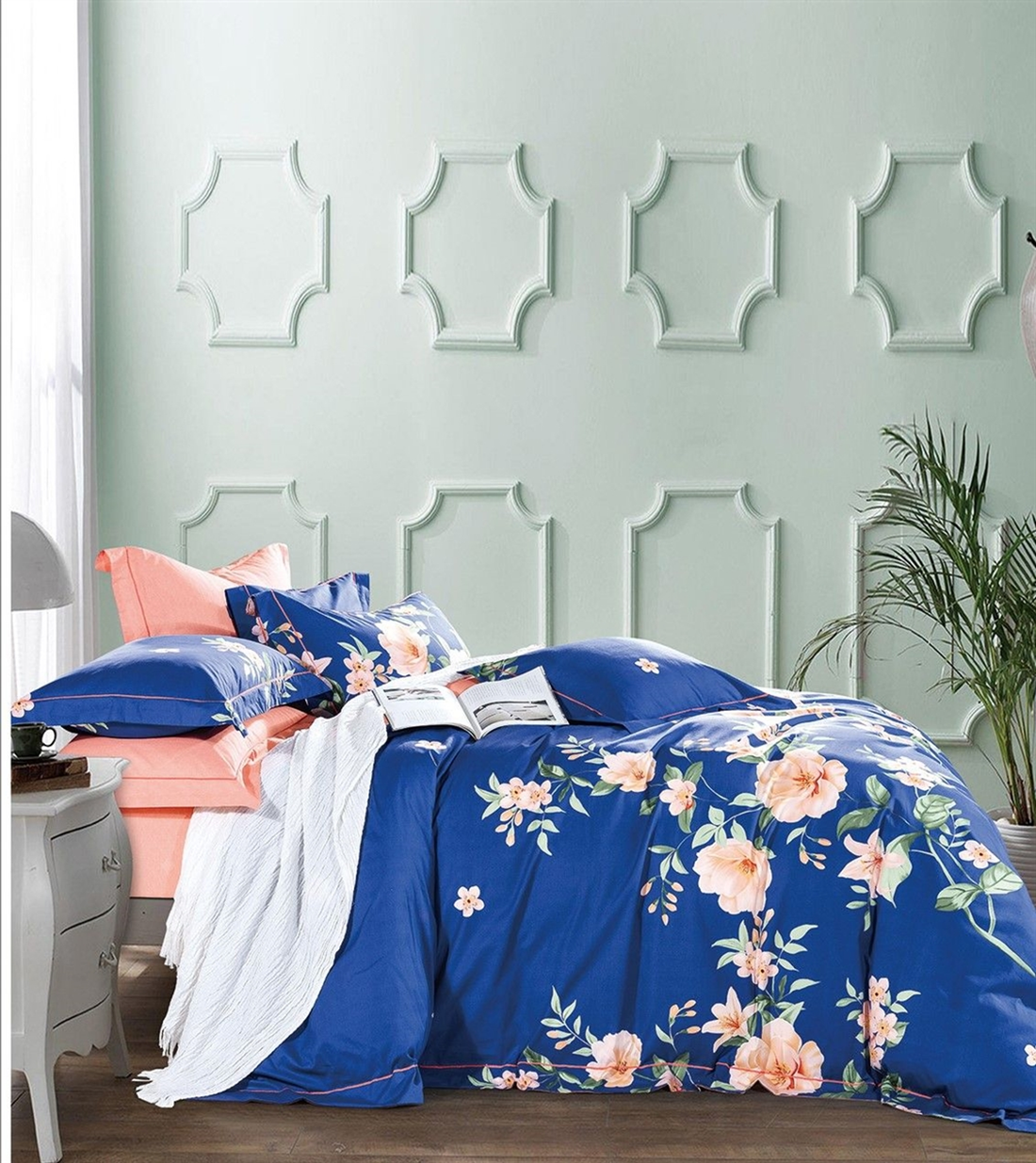 Elizabeth Blue/Orange Floral 100% Cotton Reversible Comforter Set