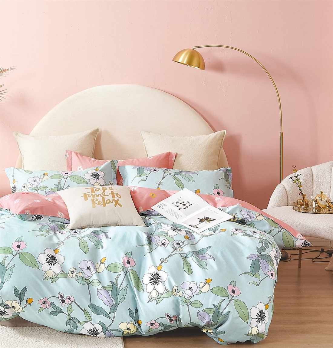 Marceau Blue/Pink Floral 100% Cotton Reversible Comforter Set