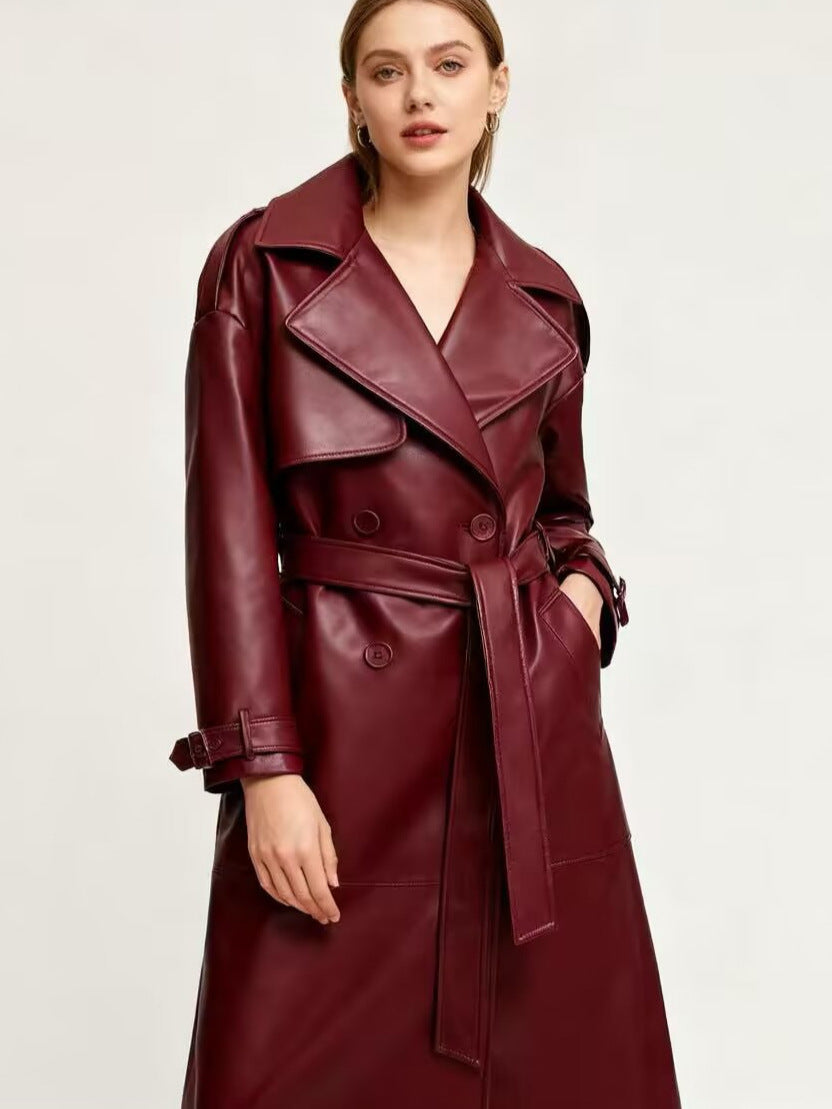 Women's long PU leather trench coat with belt and lapel collar, photo 2