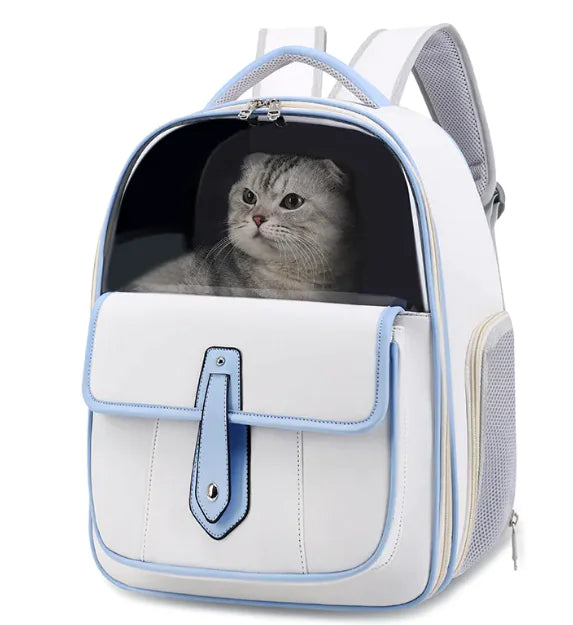 White and blue PU leather cat backpack carrier with a cat looking out the bubble window