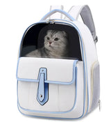 White and blue PU leather cat backpack carrier with a cat looking out the bubble window