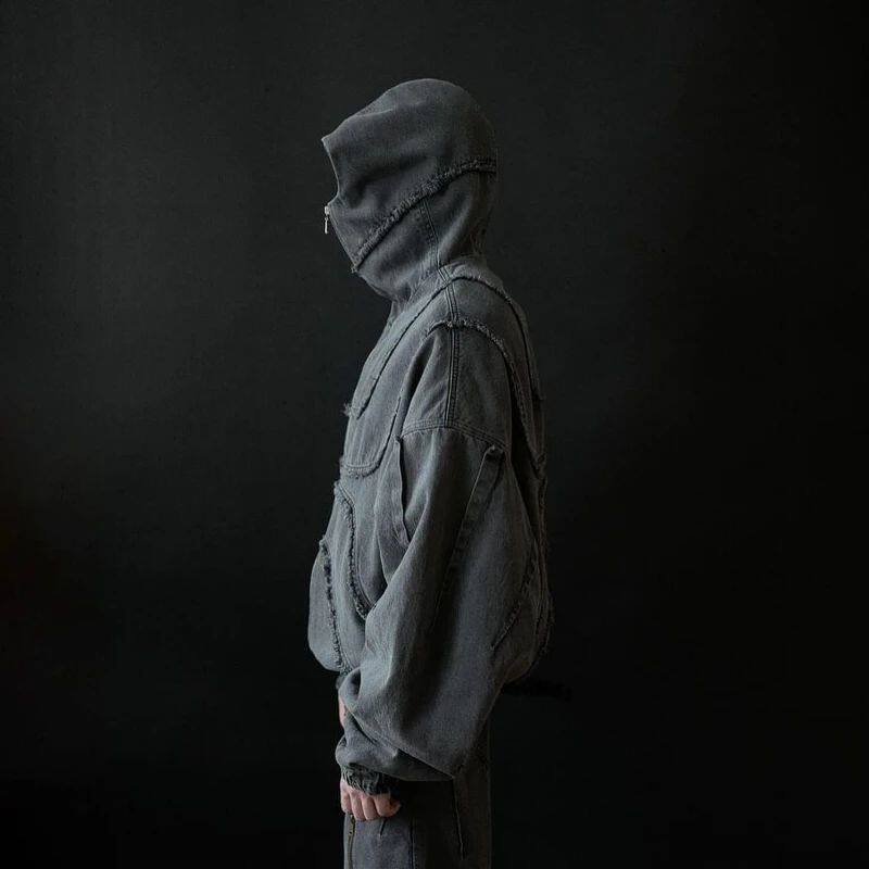 Black washed denim jacket with double zipper and flared oversized cut, photo 3