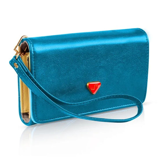 Blue faux leather wristlet wallet with a wrist strap
