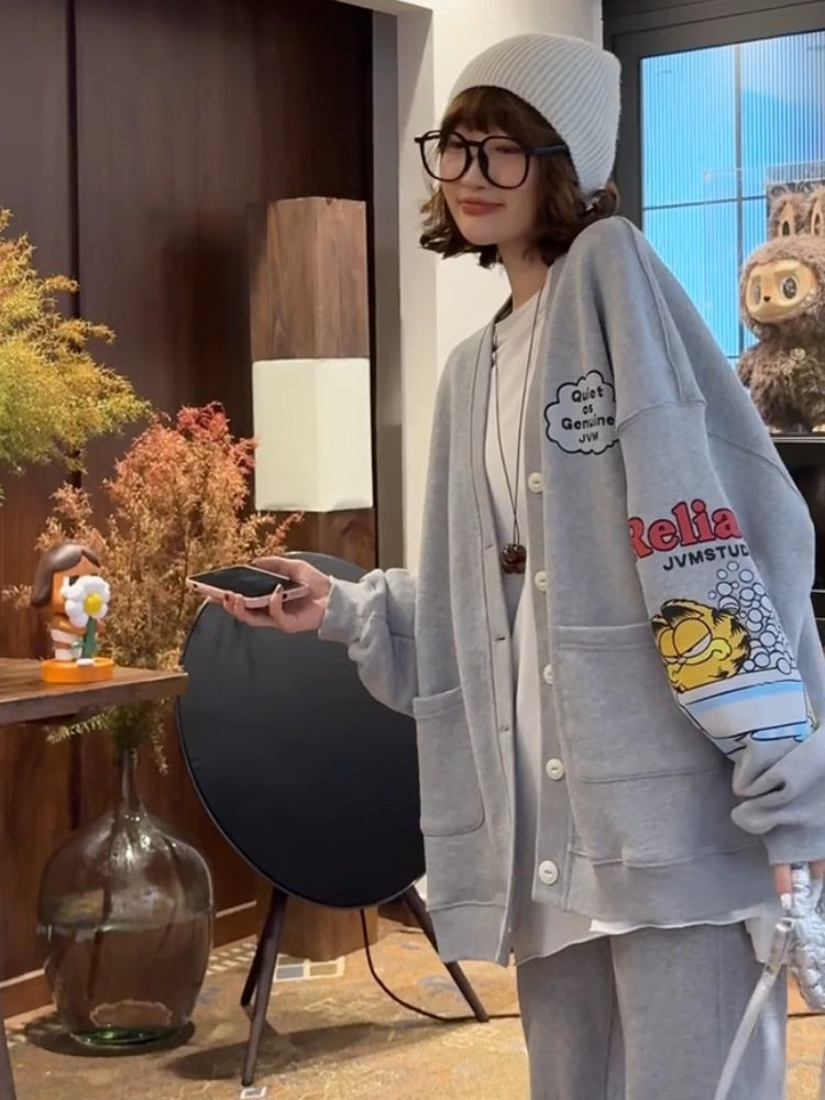Gray cartoon print button sweatshirt jacket, photo 5