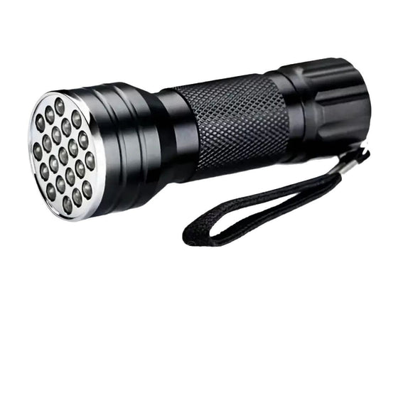 Purple UV flashlight side view with aluminum alloy body and wrist strap