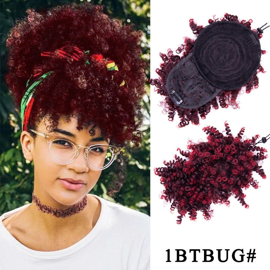 Burgundy ombre curly wig with bangs, 1BTBURG, front and back view
