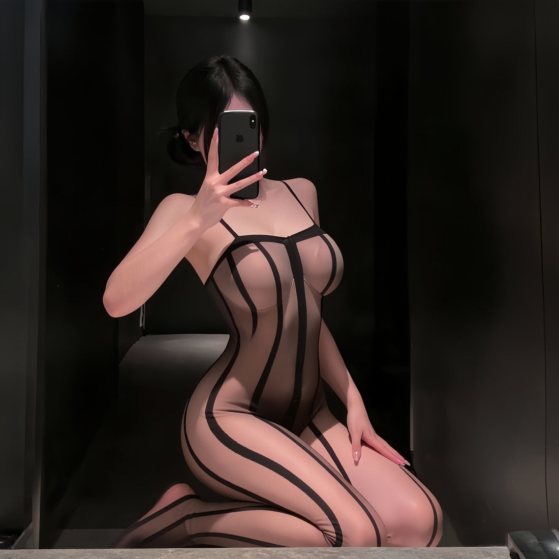 Black sheer mesh bodystocking with vertical stripes, photo 2