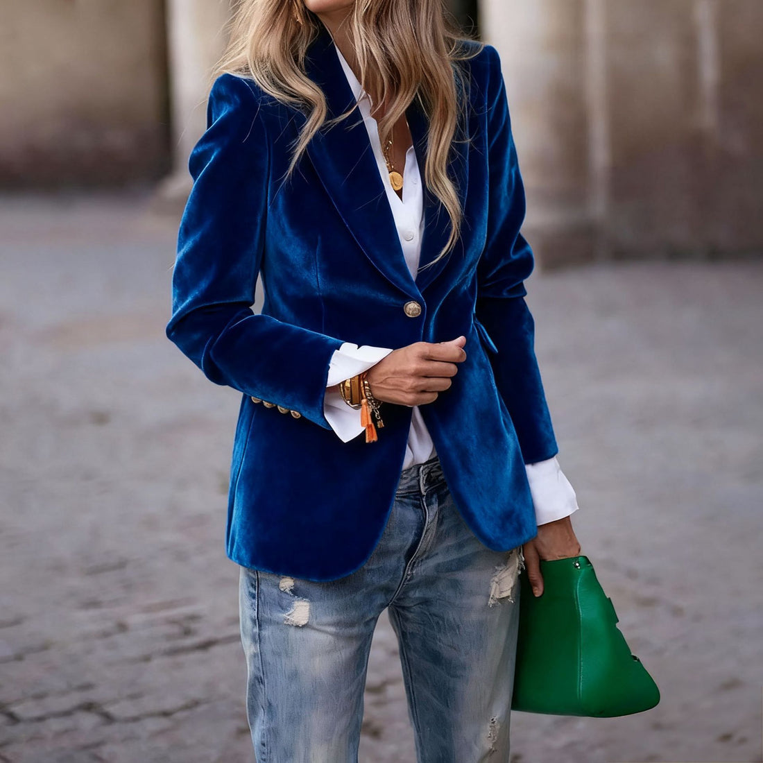 Women's Velvet Slim-Fit Double-Breasted Blazer Long Sleeve Elegant Jacket