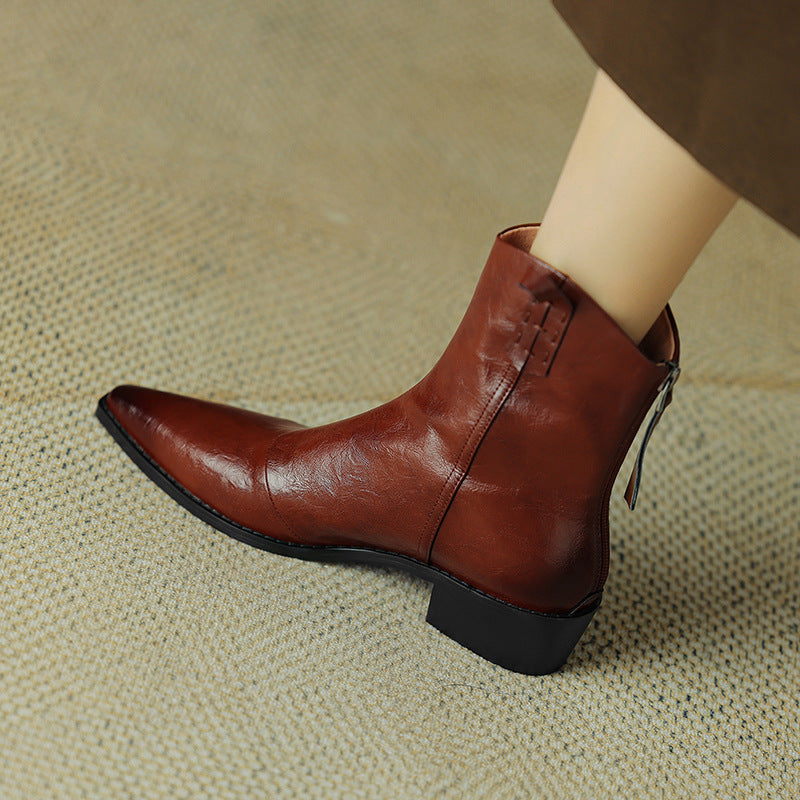 Pointed Toe Thick Heel Genuine Leather Ankle Boots