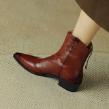 Pointed Toe Thick Heel Genuine Leather Ankle Boots