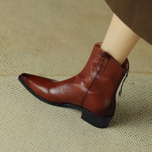 Pointed Toe Thick Heel Genuine Leather Ankle Boots
