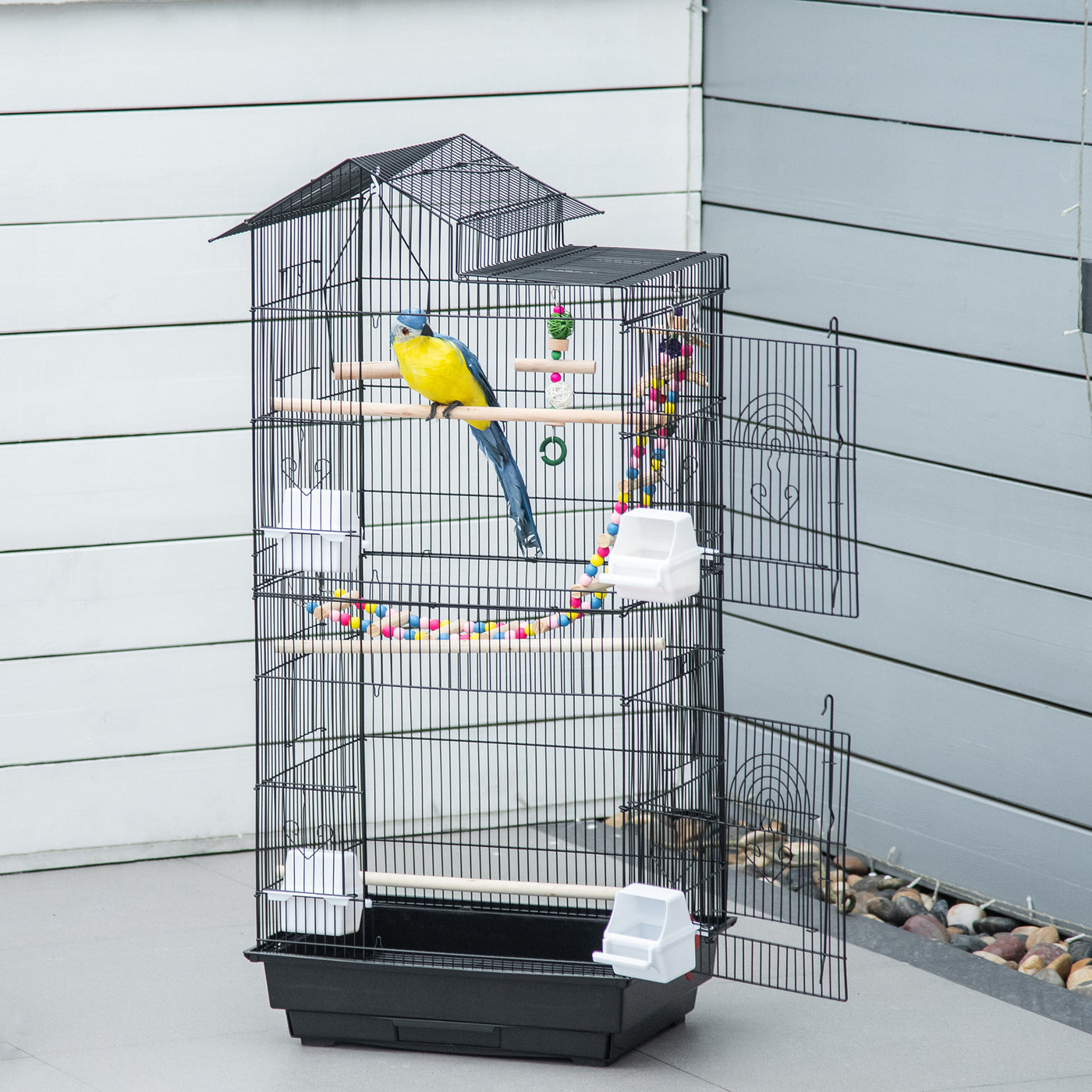 Spacious black bird cage full view with accessories