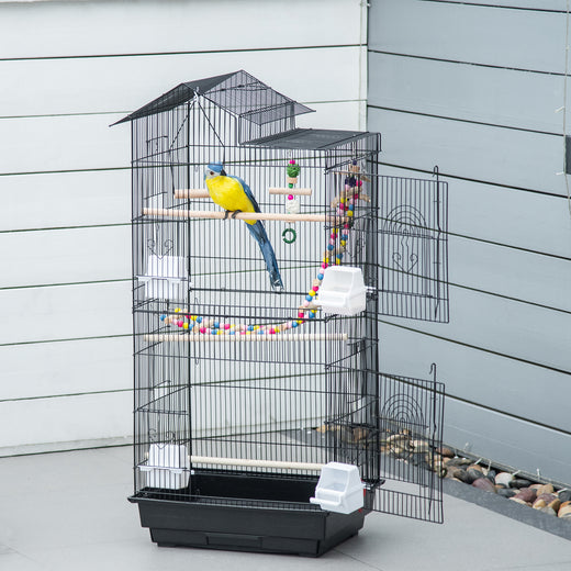 Spacious black bird cage full view with accessories