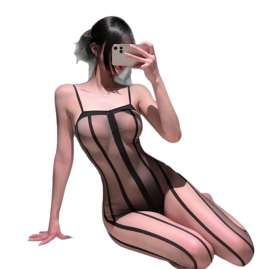 Black sheer mesh bodystocking with vertical stripes, photo 4